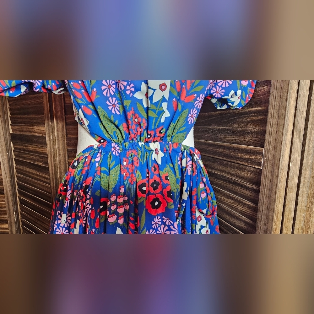 AMUR Blue Floral Puff Sleeve Cutout Mini Dress Size 00 Summer Party Wedding - Picture 6 of 12